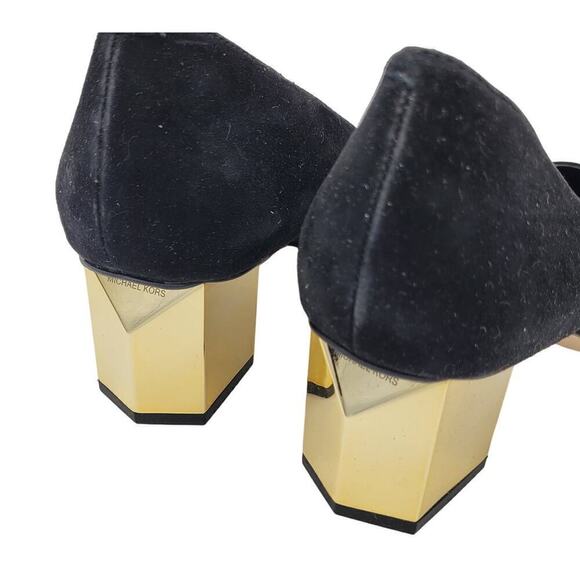 Michael Michael Kors NIB Suede Petra Pumps Black Gold Block Heel Slip On Size 7M - Picture 2 of 14